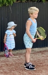 The future of Hay Tennis: Dallas Giddins with Abbie Mae Davies watching on.
